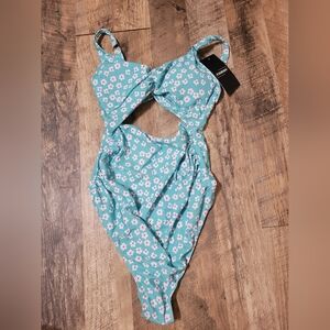 Amazon Women's Swimwear in Teal and White Floral